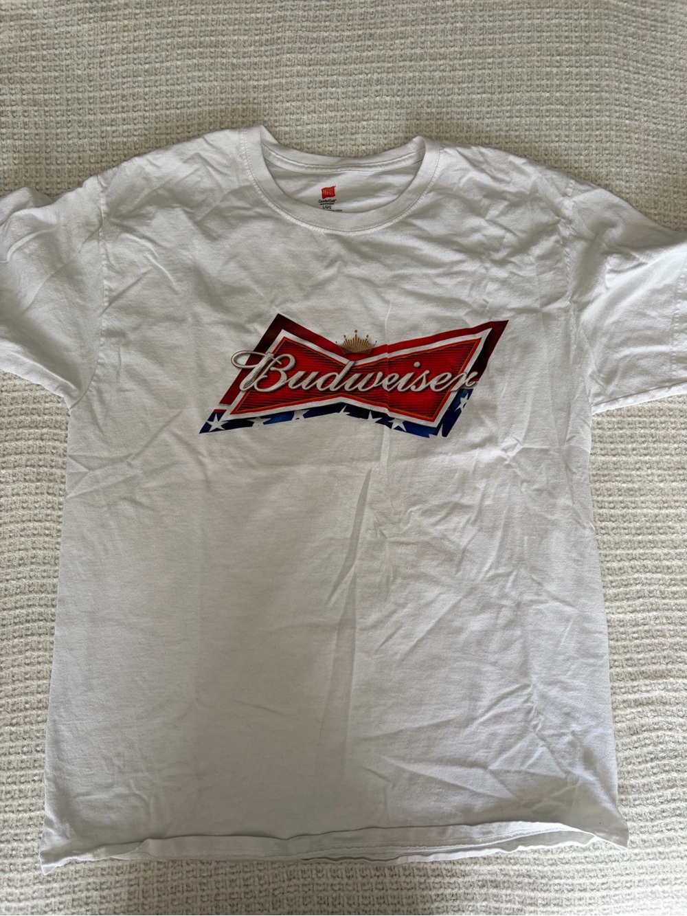 Hanes White T-Shirt with Red and Blue Budweiser Logo